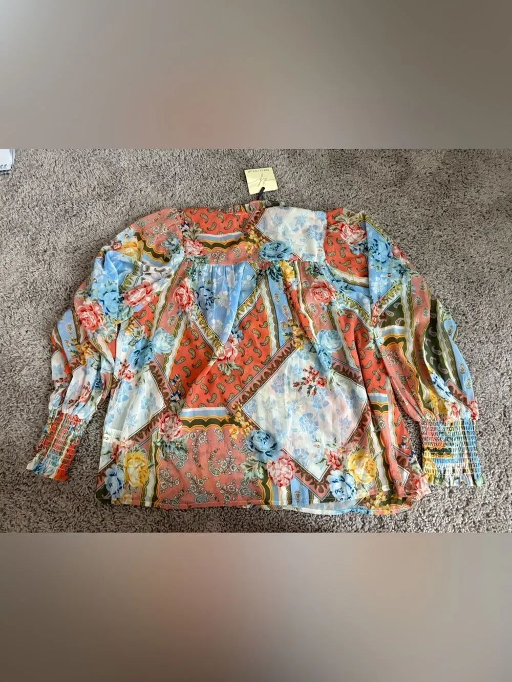 Dress Forum Coral and Light Blue Paisley Ruffle Blouse - Picture 2 of 7